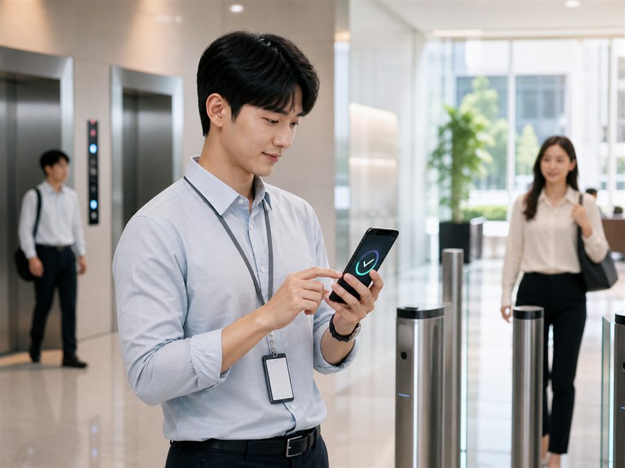 한국 직장인이 사무실 입구에서 스마트폰으로 출근 기록을 하는 장면
