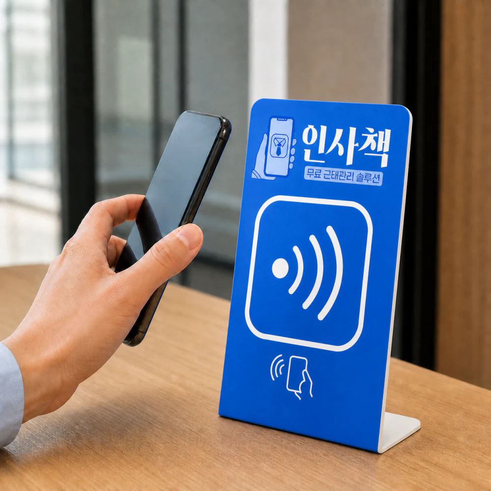 안내 데스크 위 인사책 파란색 NFC 거치대에 스마트폰을 가까이 대는 모습