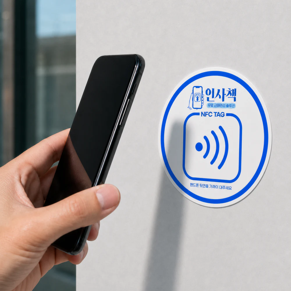 벽면에 부착한 인사책 원형 NFC 스티커에 스마트폰을 가까이 대는 모습